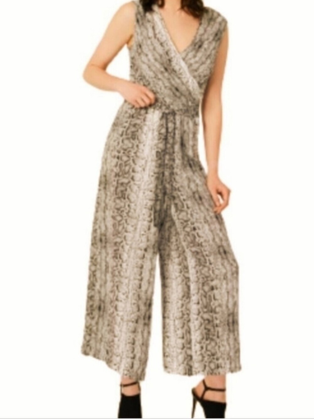 Emma & Michelle Reptile Print Wide Leg Capri Jumpsuit/Romper In Olive Green